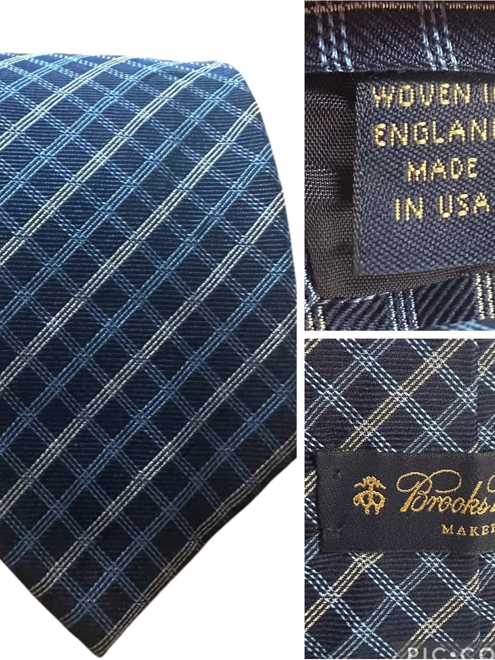 Brooks Brothers Dark Blue Plaid Silk Repp Tie w/ Light Blue & Silver Windowpane